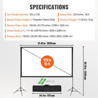 Projector Screen with Stand 120 Inch | 16:9 4K 1080P HD Outdoor Movie Screen with Tripods & Carry Bag | Wrinkle-Free Projection Screen for Home Theater & Backyard Movie Night