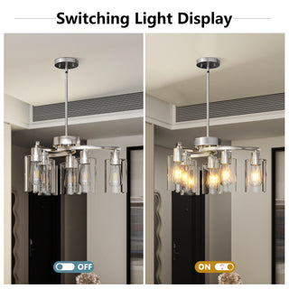 6-Light Brushed Nickel Chandelier – Modern Industrial Pendant Lighting with Adjustable Height, Clear Glass Shades for Dining Room, Kitchen Island, Bedroom