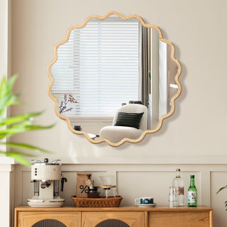 Solid Wood Wavy Mirror – 42" x 42" Natural Wood Vanity Mirror Wall Decor for Bathroom, Bedroom, Living Room, Dining Room, Entryway