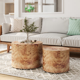 Nesting Coffee Table Set of 2 – Modern Round Wooden Accent Tables, Natural Burl Finish, Perfect for Small Spaces, Living Room, Bedroom, Balcony, Office