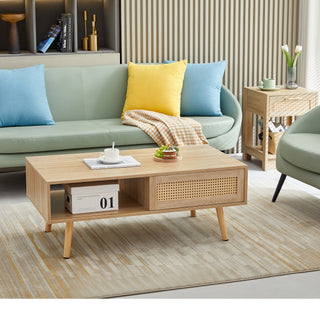 41.34" Rattan Coffee Table with Sliding Door Storage, Solid Wood Legs – Modern Living Room Table in Natural Finish