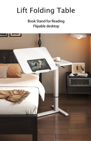 (UPGRADED) Overbed Bedside Desk, Mobile Rolling Laptop Stand Tilting Overbed Table with Wheels, Height Adjustable Tray Bedside Table for Laptop Bed Sofa, WHITE