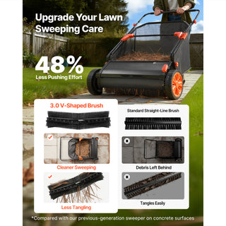 Push Lawn Sweeper, 30 in Leaf & Grass Collector with 12 cu. ft. Hopper Bag, Adjustable Brush Height & Spinning Brushes, Heavy Duty Yard Sweeper with Rubber Wheels for Leaves Grass Cleanup