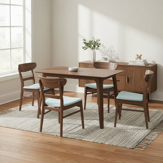 Mid-Century Modern 5-Piece Dining Set with Rubberwood Frame, One Table and 4 Upholstered Chairs in Walnut and Mint Finish