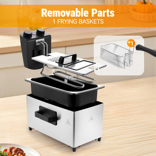 3L 1700W Electric Deep Fryer with Basket | Home Use Stainless Steel Fryer, Temp/Time Control & Dishwasher Safe