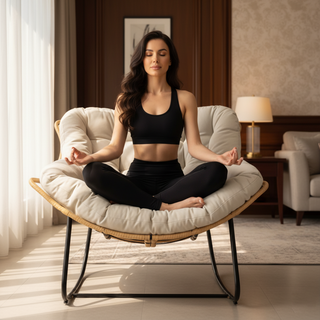 Outdoor Rocking Chair – Beige Patio Egg Rocking Chair, Indoor Papasan Rattan Wicker Lounge Chair, Modern Royal Chair for Bedroom, Living Room, Porch, Garden & Lawn