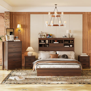 4-Piece Queen Bedroom Set | Wooden Bed with Storage & Charging Station, Dresser & Nightstands in Walnut