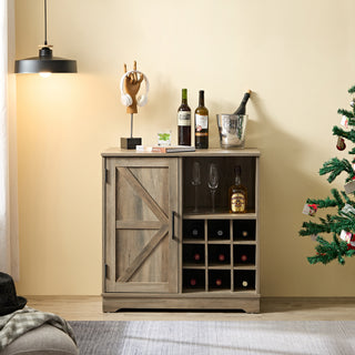  Farmhouse Coffee Bar Cabinet, Bar Cabinet with Wine Rack, Barn Door Buffet Sideboard Cabinet with Drawer, Adjustable Storage Shelves for Living Room, Dining Room, Gray Wash (31.515.7531.5)