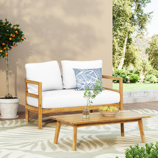Outdoor Acacia Wood Loveseat and Coffee Table Set with Cushions, Light Teak and White