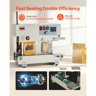 Continuous Bag Band Sealing Machine, 0.24-0.47 in Seal Width, Vertical Band Sealer Machine with Roller Printing , Temp & Speed Adjustable, Heat Sealing Machine for 0.001-0.03 in Plastic Bags