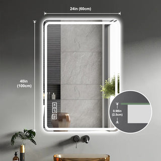 40"x24" LED Bathroom Mirror, Wall Mounted Vanity Mirror with Front Lights, Anti-Fog Frameless Makeup Mirror, Copper-Free Silver Mirror, Horizontal or Vertical Orientation