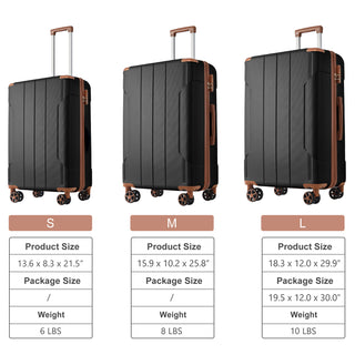 Luggage Sets 3 Piece, Hard shell ABS Lightweight Durable Suitcases with Double Spinner Wheels 20/24/28 Inch (Black Brown)