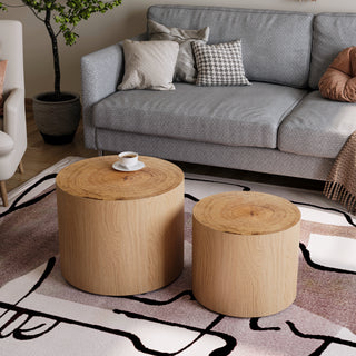 Modern Round Pine Wood Coffee Table - Golden Natural Finish with Carving Patterns