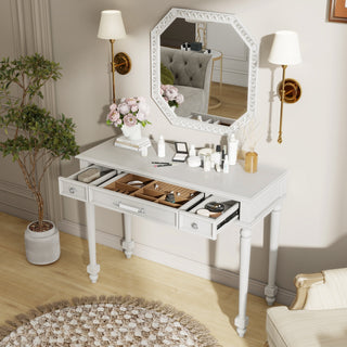 : Retro White Makeup Desk - Large Mirror & 3-Drawer Storage
