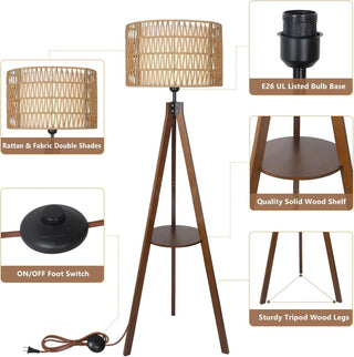 Boho Tripod Floor Lamp with Shelves, Rattan and Fabric Shades
