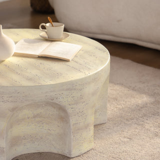 MgO Modern Minimalist Round Accent Coffee Table with Unique Arched Cutout Base, No Assembly Required, Sturdy Structure for Living Room, Bedroom & Outdoor Home Decor.