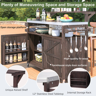 K&K 53.3' Outdoor Kitchen Island with Raised Shelf, Solid Wood Storage Cabinet with Stainless Steel Top, Outdoor Rolling Grill Cart with Internal Storage Rack, Adjustable Shelf, Spice Rack, Brown