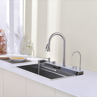 Dark Gray 304 Stainless Steel Sink with Pull-Out Faucet | Whale Waterfall Single Bowl Kitchen Sink