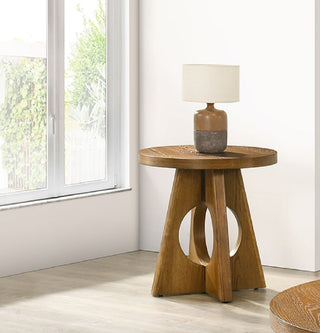 1pc End Table Contemporary Round Top Pedestal Base Cutout Walnut Finish Living Room Furniture