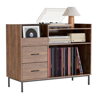 Record Player Stand with Adjustable Shelves – Holds 350+ Vinyl Records – 27.6" Turntable Media Console, Speaker Shelf & 2 Drawers for Living Room Storage