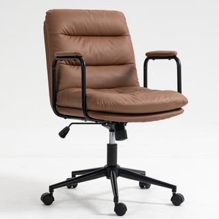 Mid Back Office Chair - Ergonomic PU Leather Desk Task Chair with Wheels, Armrests, and 40° Reclining Back (Brown)