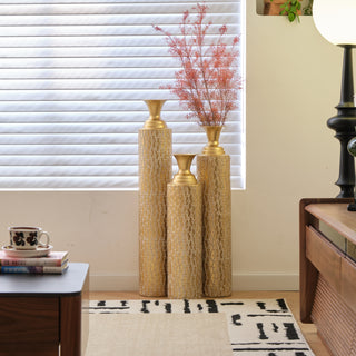 Metal decorative vases High distress metal center vases with growing vine patterns, set of 3 vases for home decoration 34 ', 29 ', 25 'H, gold