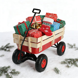 Red outdoor utility wagon cart with wooden side panels and 10 inch air tires