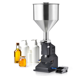 Pneumatic Paste Liquid Filling Machine, 5-50ml Bottle Filler, Bottle Filling Machine, Stainless Steel Liquid Filler with Pedal for Milk Water Juice Essential Oil Shampoo Cosmetic Honey Lotion