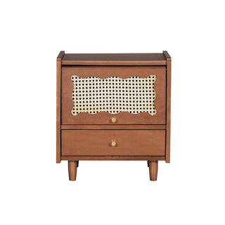 Wooden Nightstand with Rattan-Woven Storage Cabinet and 1 Drawer, Exquisite Elegance with Natural Storage Solutions for Bedroom, Walnut