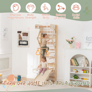 6-in-1 Swedish Ladder Wall Gym, Indoor Kids Playground with Swing, Rope Ladder, Pull-Up Bar, Slide, Gymnastic Rings, Wooden Wall Mounted Indoor Play Set for Kids & Adults