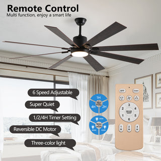 72" Walnut LED Ceiling Fan with Light | 8 Wooden Blades, Adjustable Color Temperature & Remote Control