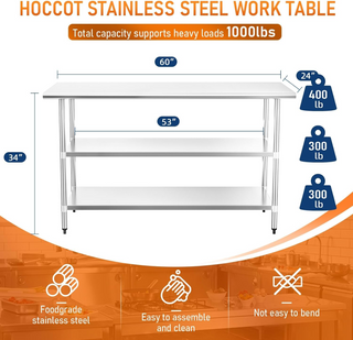 Stainless Steel Table for Prep & Work 24' X 60' inches with 2 Adjustable Shelf, Commercial Workstations, Utility Table in Kitchen Garage Laundry Room Outdoor BBQ