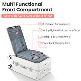 Aluminum Frame 20 Inch with Front Open Carry-on Luggage, PC Hard Shell Suitcase, Bounce Wide Handle Pull Rod Luggage with 360°Double Wheels, Built-In TSA Lock, Airline Approved Suitcase for Business