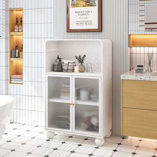 45.28" Modern Freestanding Floor Storage Cabinet | White Metal, Glass Door & Shelves