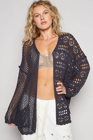 POL Open-Front Crochet Oversized Cardigan