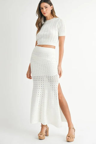MABLE Pointelle Short Sleeve Crop Top and Slit Skirt Sweater Set