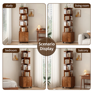 360° Rotating 5-Tier Corner Bookshelf – Floor-Standing Narrow Bookcase with Drawer, Walnut Color for Bedroom & Living Room