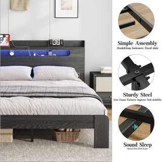 Queen Size Wood Platform Bed - LED Headboard, USB, Storage,