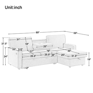 U_STYLE Upholstery Sleeper Sectional Sofa with Storage Space, USB port, 2 cup holders on Back Cushions(same sku; WY000335AAA)