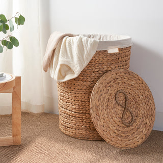 Ludmilla Round Tall Water Hyacinth Woven Wicker Laundry Hamper with Lid – Removable Liner, Clothes, Canvas, Toys & Book Storage – 18" x 18" x 23" – Natural Brown