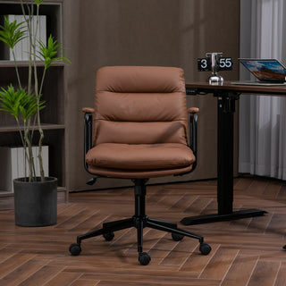 Mid Back Office Chair - Ergonomic PU Leather Desk Task Chair with Wheels, Armrests, and 40° Reclining Back (Brown)
