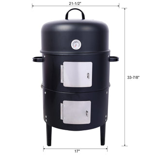 Heavy Duty Round BBQ Grill 17 Inch Steel Charcoal Smoker for Outdoor Cooking, Black
