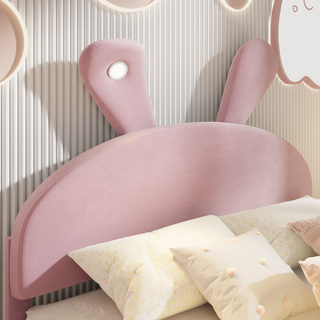 Full Size Upholstered Platform Bed with Cartoon Ears Shaped Headboard and Light, Pink