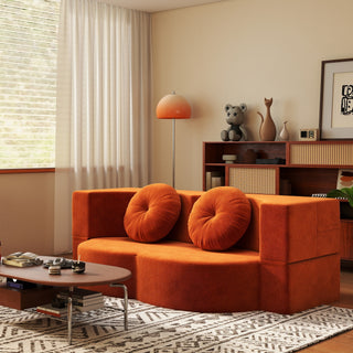 Modern Floor Sofa with 2 Pillows,Convertible Plush Corduroy Foam-Filled Sleeper Sofa Bed,14.2' Full Size Folding Mattress for Living Room,Guest Bed,no assembly required, Orange