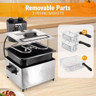 5L Electric Deep Fryer 1700W – Stainless Steel Fryer with Timer, Temp Control, 3 Baskets, Viewing Window & Odor Filter, Dishwasher Safe