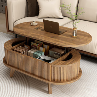 Fluted Lift Top Oval Coffee Table with Hidden Storage – Modern Wooden Center Table for Living Room or Office, Walnut Brown