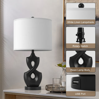 22.3 inch Sculptural Resin Table Lamp Set of 2, Black