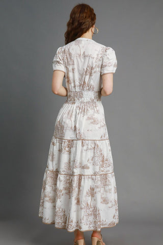 Umgee Full Size Landscape Print Short Sleeve Tiered Maxi Dress Plus Size