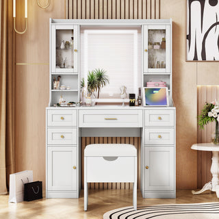 41.4" White Makeup Vanity Desk with Mirror & Lights | Dressing Table with Storage Stool & Charging Station