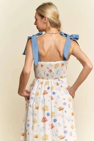 Davi & Dani Denim Binding Detail Smocking Summer Maxi Dress